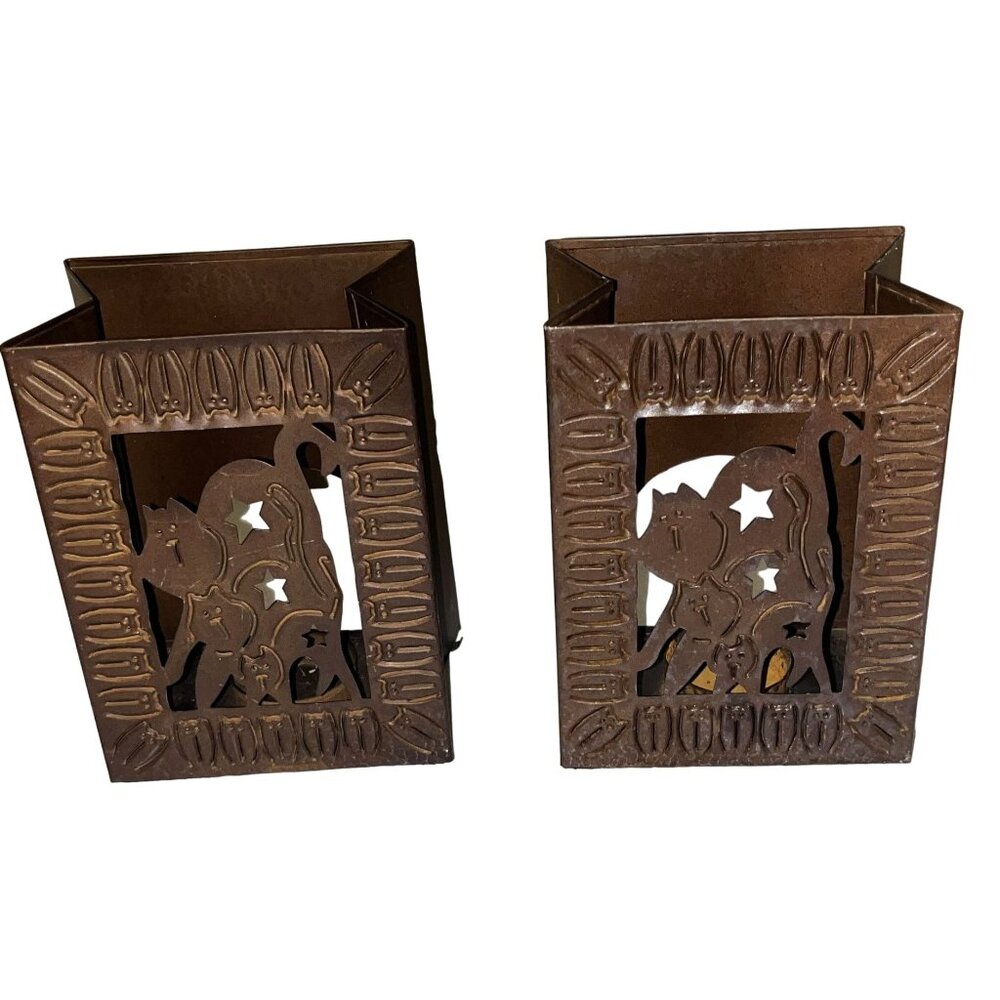 Halloween Metal Box Cat Candle Tealight Holder Set of Two Rustic Farmhouse